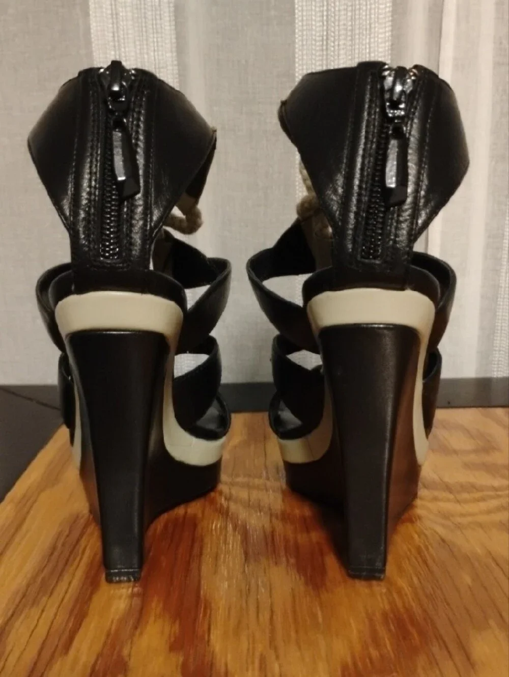 Diane Von Furstenberg Black and Cream Braided Wedge Sandals